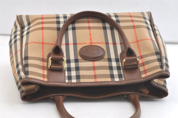 Authentic Burberrys Vintage Nova Check Canvas Leather Hand Bag Brown Beige 3061K