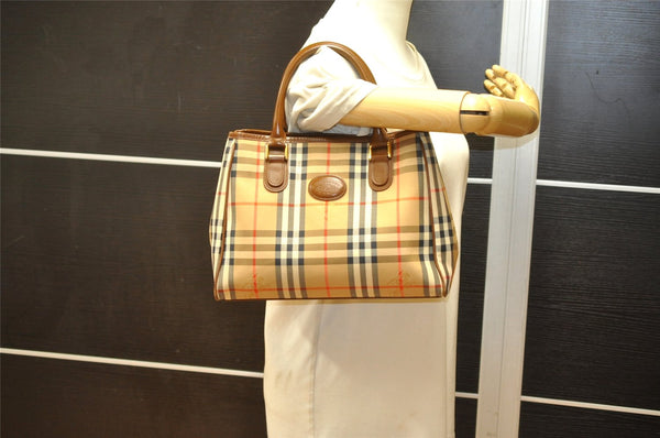 Authentic Burberrys Vintage Nova Check Canvas Leather Hand Bag Brown Beige 3061K
