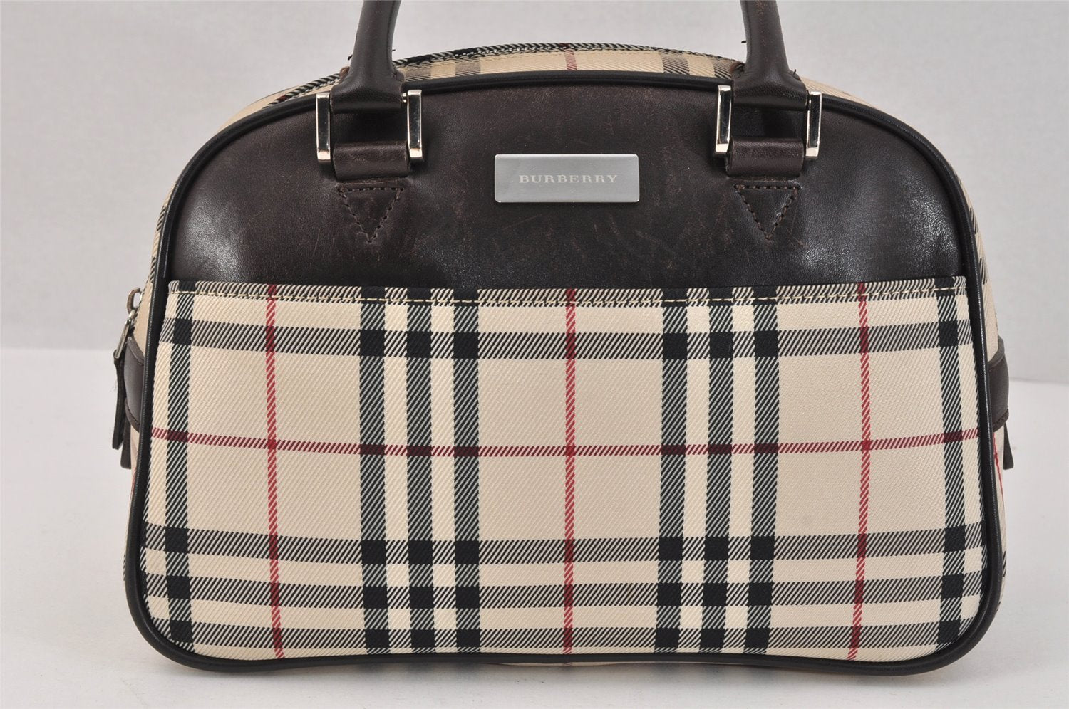 Authentic BURBERRY Vintage Nova Check Nylon Leather Hand Bag Purse Beige 3062K