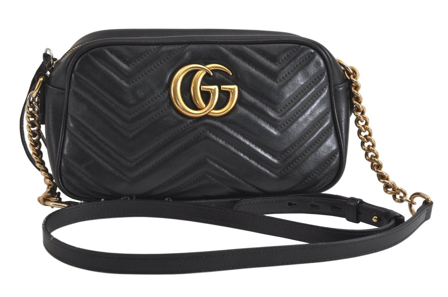 Authentic GUCCI GG Marmont Chain Shoulder Cross Bag Leather 447632 Black 3063M