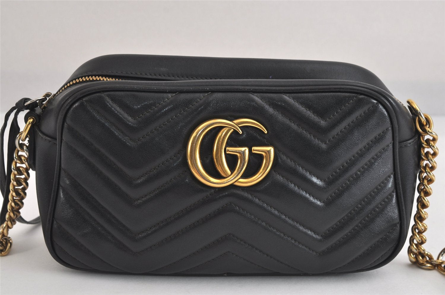 Authentic GUCCI GG Marmont Chain Shoulder Cross Bag Leather 447632 Black 3063M