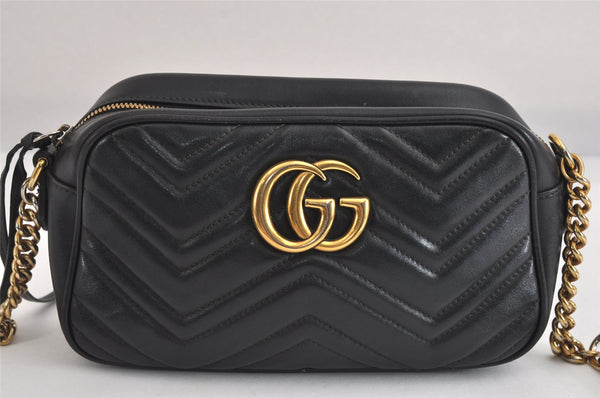 Authentic GUCCI GG Marmont Chain Shoulder Cross Bag Leather 447632 Black 3063M