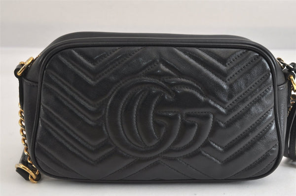 Authentic GUCCI GG Marmont Chain Shoulder Cross Bag Leather 447632 Black 3063M