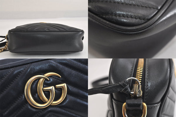 Authentic GUCCI GG Marmont Chain Shoulder Cross Bag Leather 447632 Black 3063M