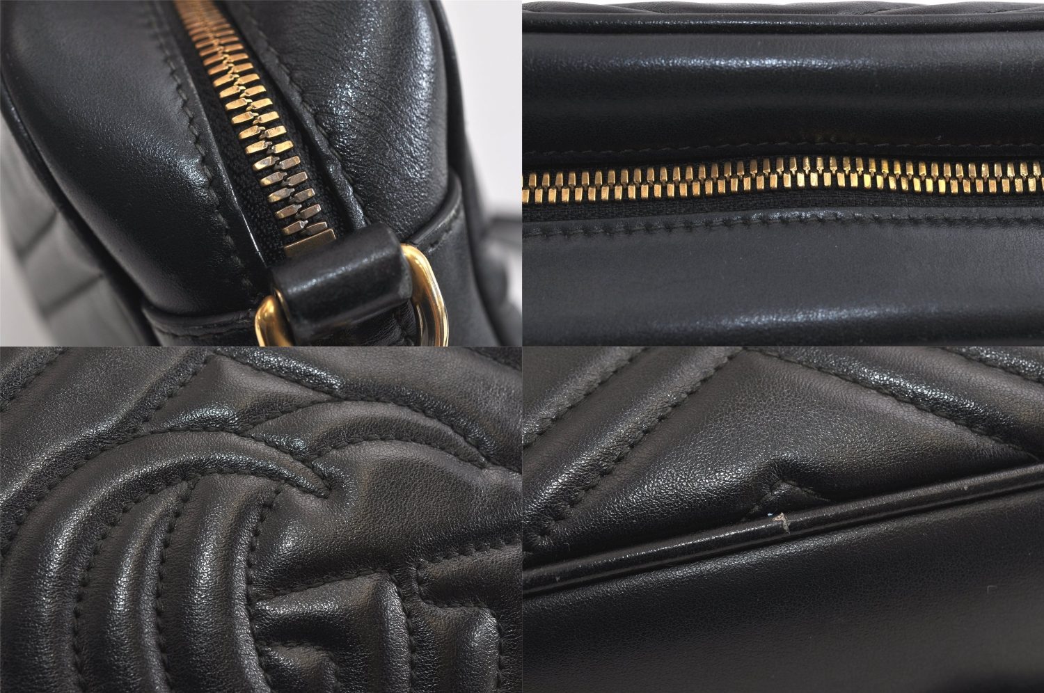 Authentic GUCCI GG Marmont Chain Shoulder Cross Bag Leather 447632 Black 3063M