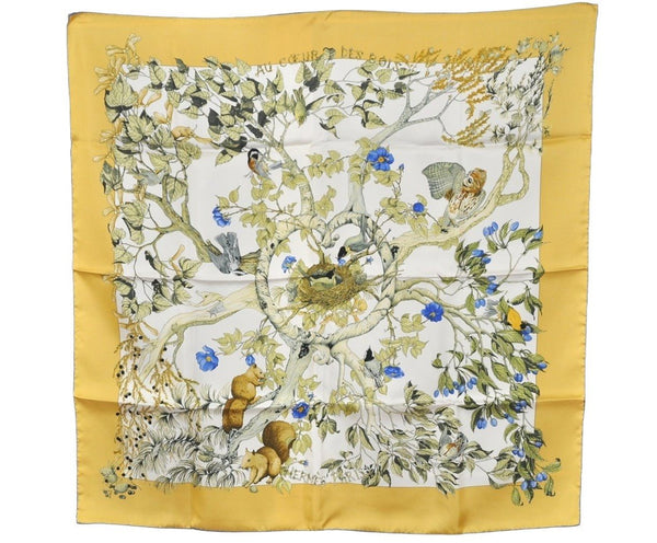 Authentic HERMES Carre 90 Scarf "AU COEUR DES BOIS" Silk Blue Box 3066J