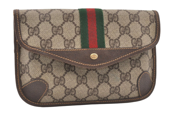 Authentic GUCCI Web Sherry Line Clutch Hand Bag Purse GG PVC Leather Brown 3070J