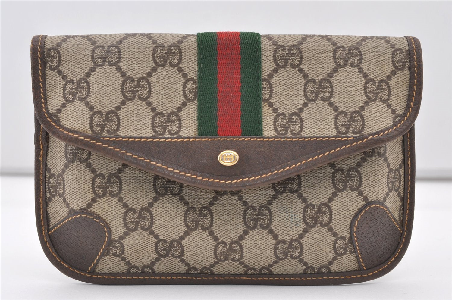 Authentic GUCCI Web Sherry Line Clutch Hand Bag Purse GG PVC Leather Brown 3070J