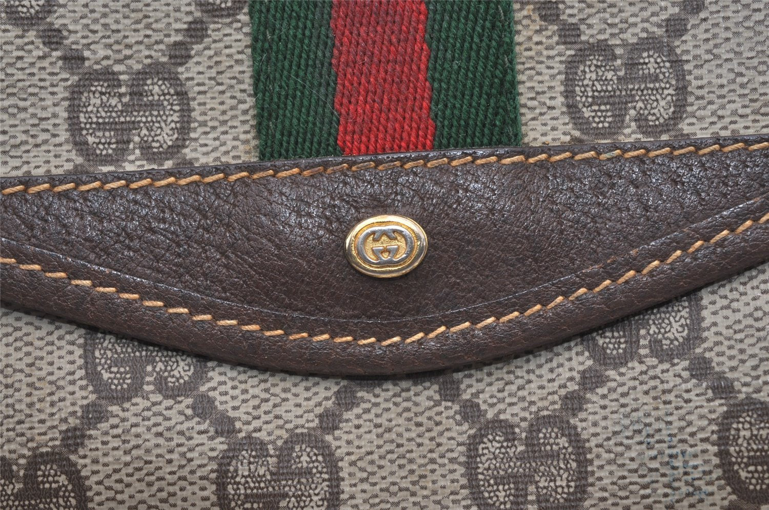 Authentic GUCCI Web Sherry Line Clutch Hand Bag Purse GG PVC Leather Brown 3070J