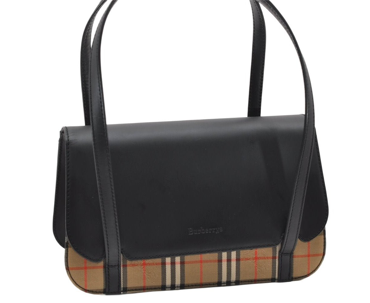 Authentic Burberrys Nova Check Canvas Leather Shoulder Hand Bag Black 3071K