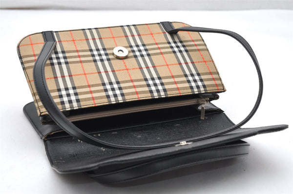 Authentic Burberrys Nova Check Canvas Leather Shoulder Hand Bag Black 3071K