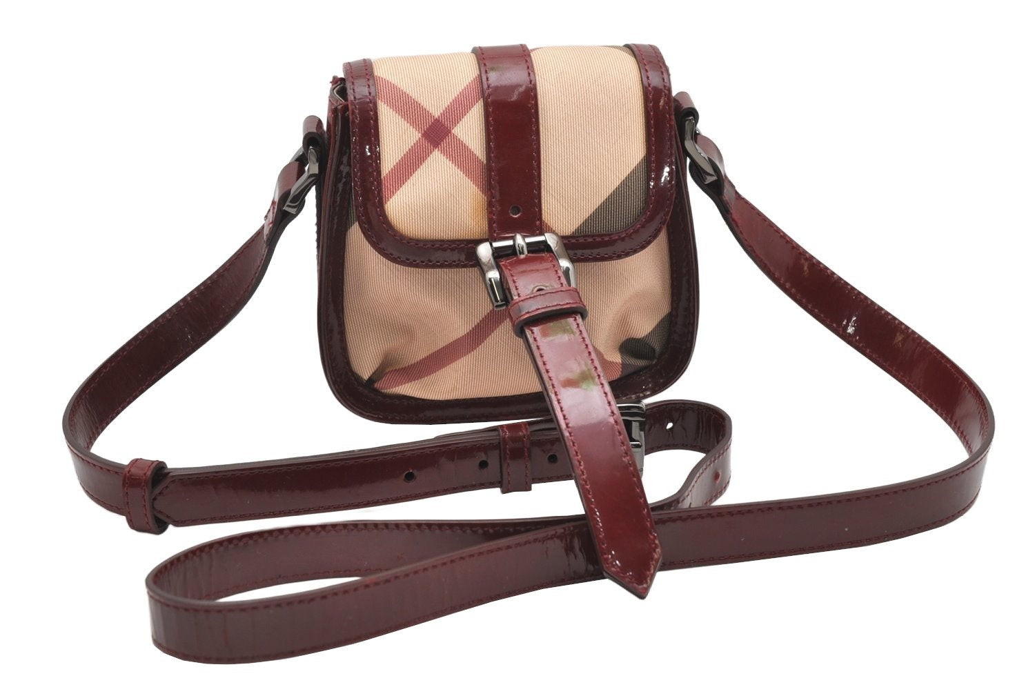 Authentic BURBERRY Nova Check Shoulder Cross Body Bag PVC Enamel Beige 3072K