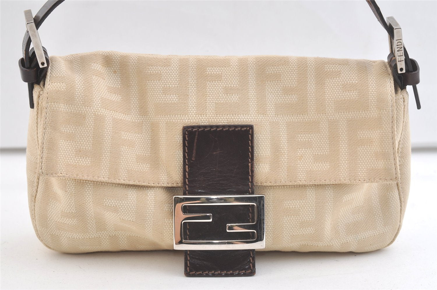 Authentic FENDI Zucca Mamma Baguette Shoulder Bag Canvas Leather Beige 3075K