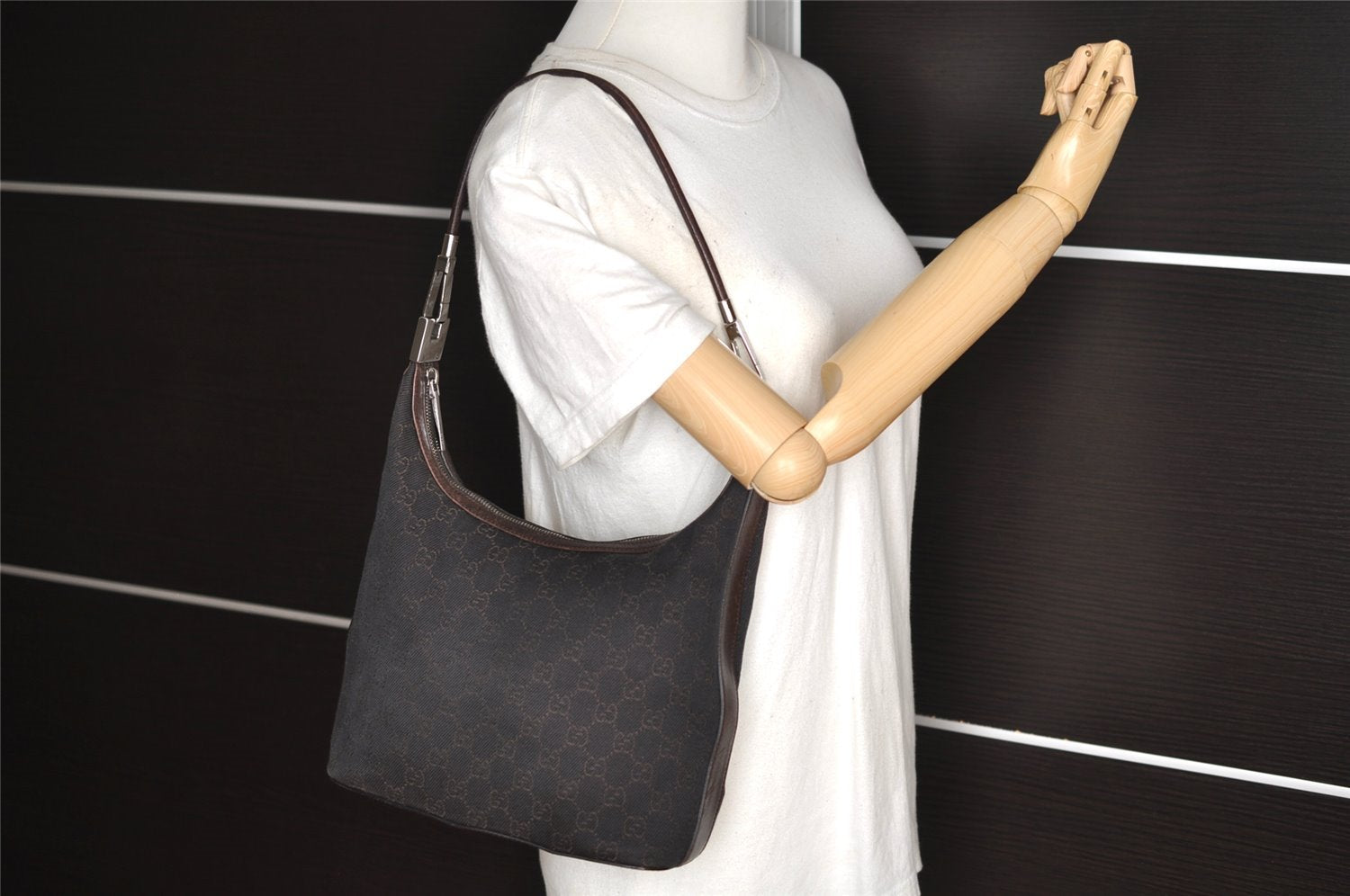 Authentic GUCCI Shoulder Hand Bag Purse GG Canvas Leather 01234 Brown 3093I