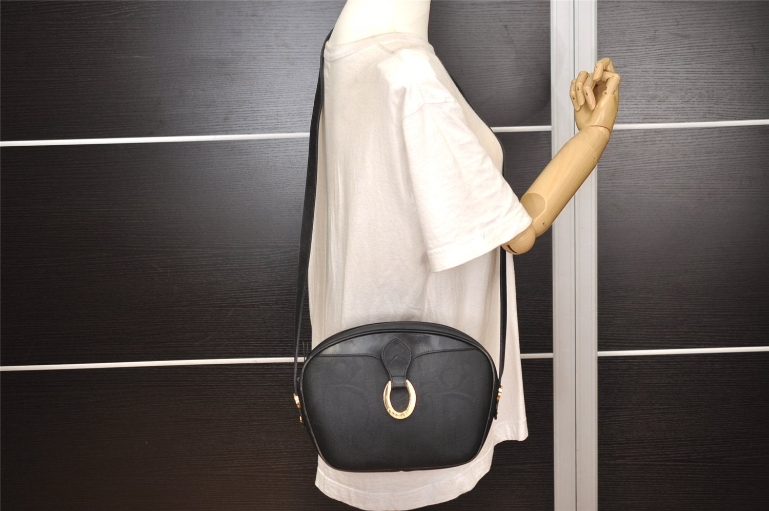 Authentic Christian Dior Trotter Shoulder Cross Bag PVC Leather Black 3094J