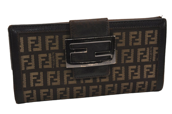 Authentic FENDI Zucchino Vintage Long Wallet Purse Canvas Leather Brown 3095J