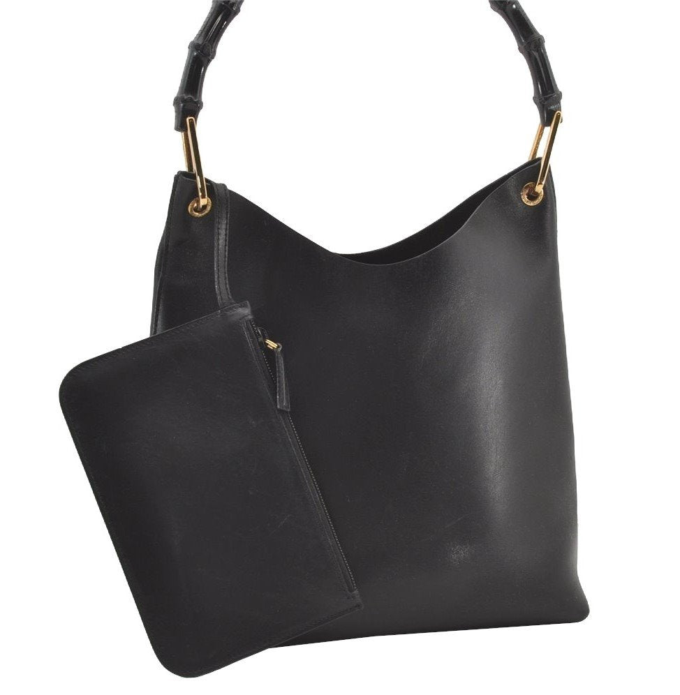 Authentic GUCCI Vintage Bamboo Shoulder Hand Bag Purse Nylon Leather Black 3096J
