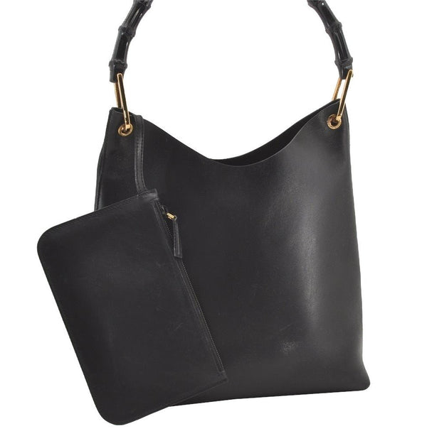Authentic GUCCI Vintage Bamboo Shoulder Hand Bag Purse Nylon Leather Black 3096J