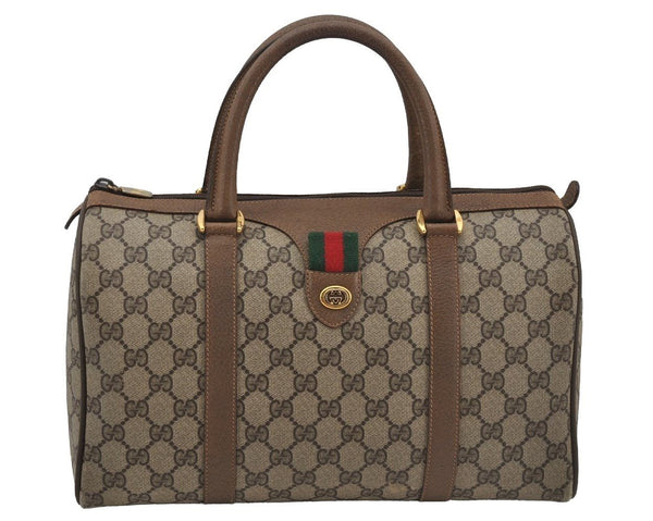 Authentic GUCCI Web Sherry Line Hand Boston Bag GG PVC Leather Brown Junk 3097J