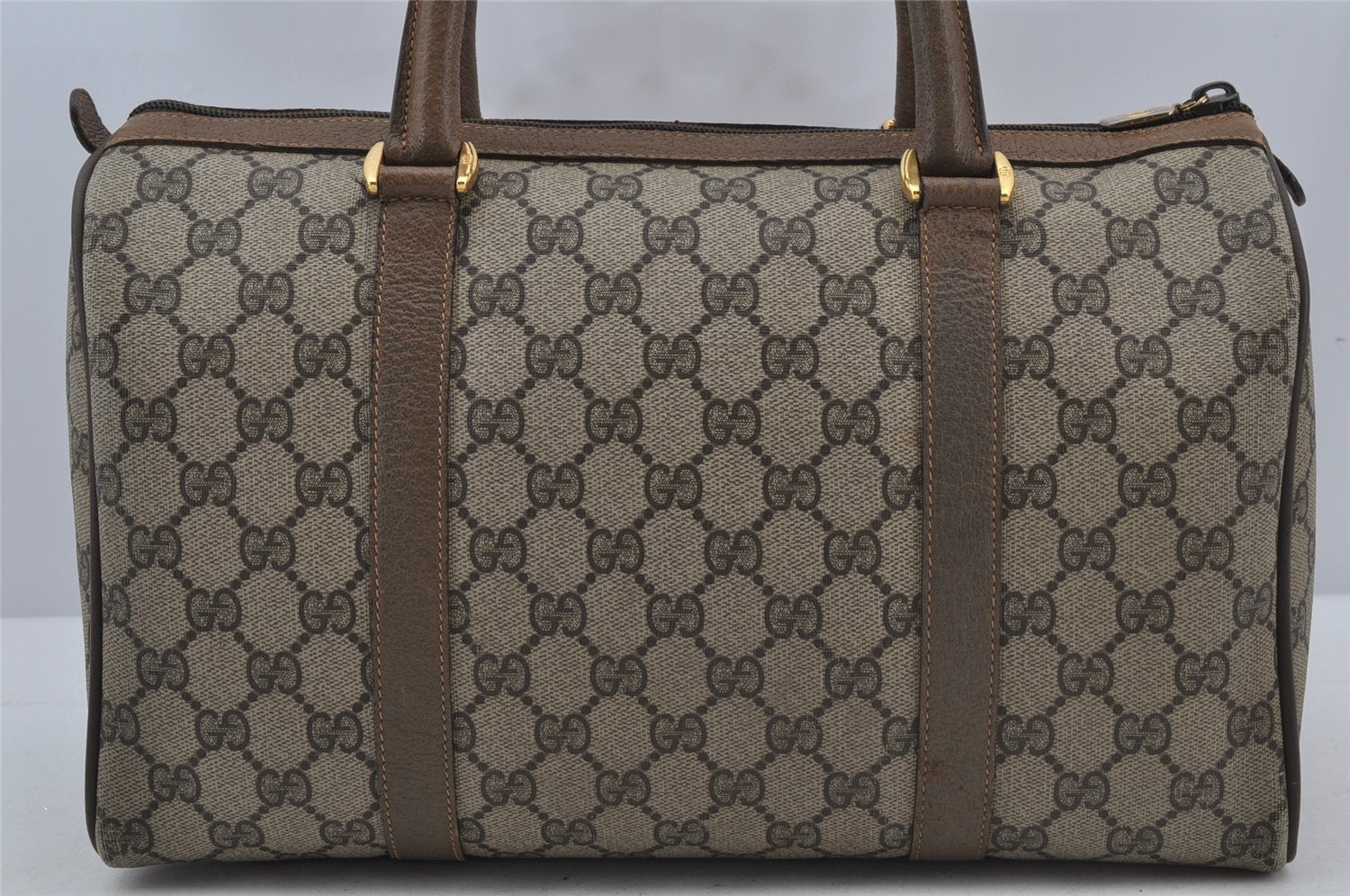 Authentic GUCCI Web Sherry Line Hand Boston Bag GG PVC Leather Brown Junk 3097J