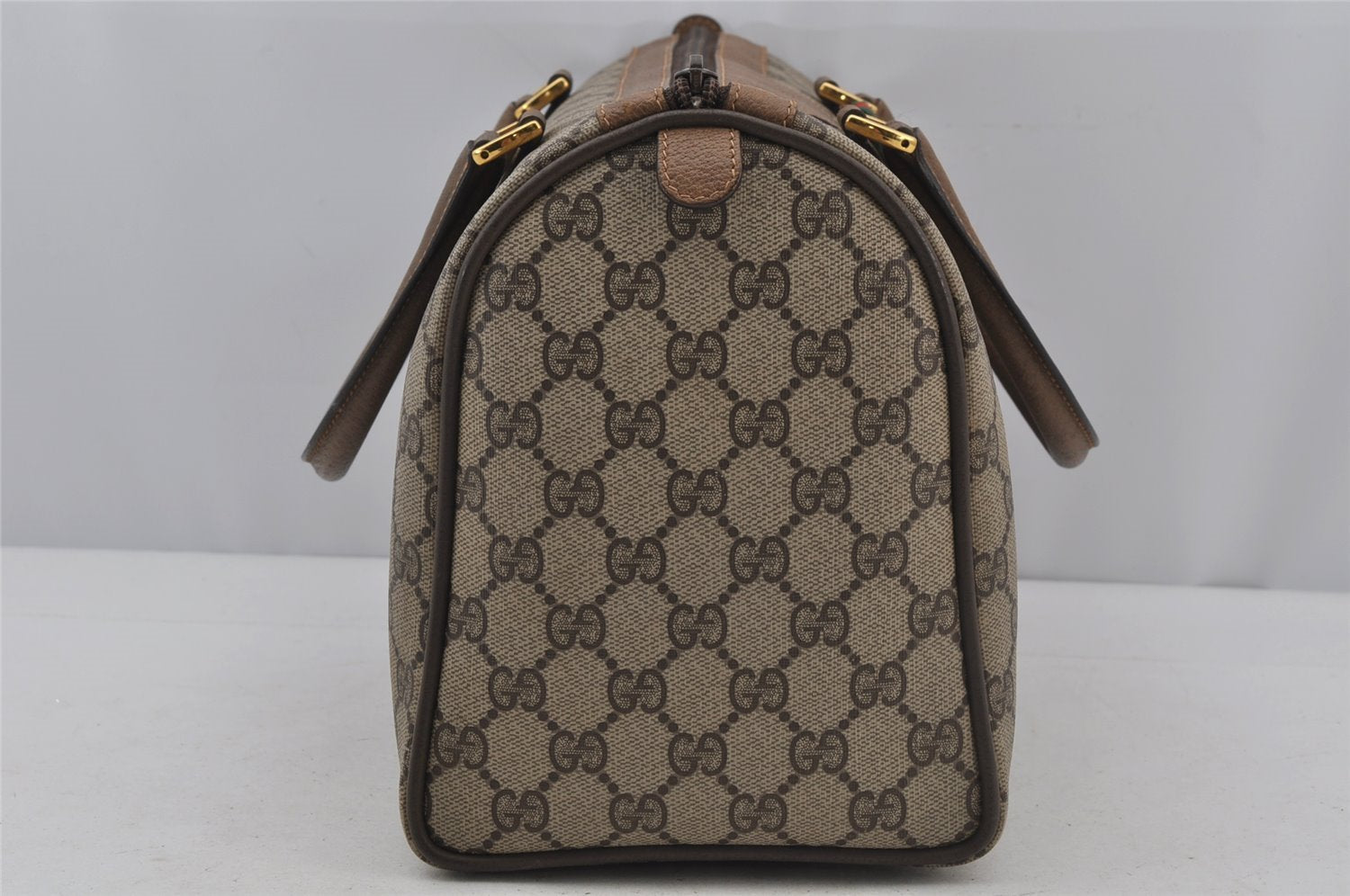 Authentic GUCCI Web Sherry Line Hand Boston Bag GG PVC Leather Brown Junk 3097J