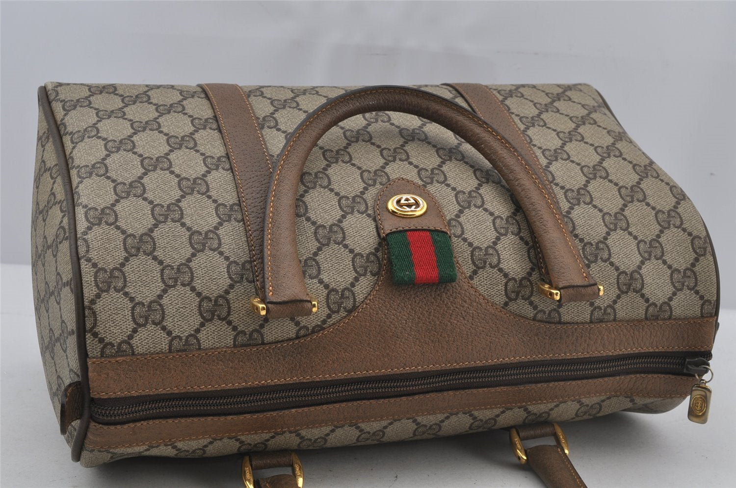 Authentic GUCCI Web Sherry Line Hand Boston Bag GG PVC Leather Brown Junk 3097J