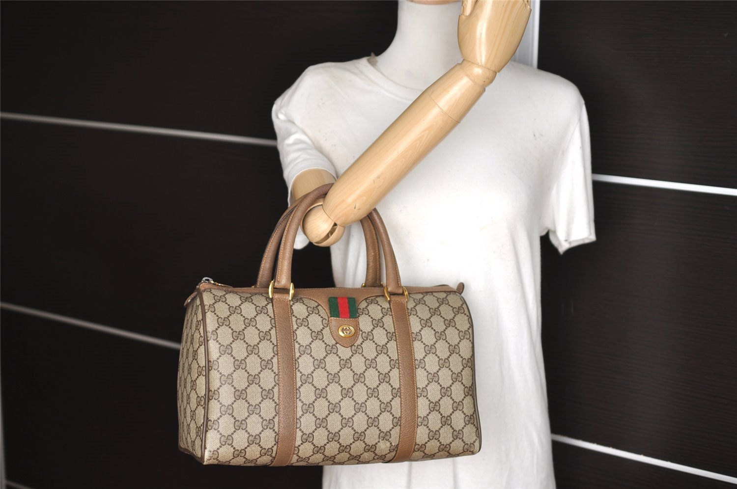 Authentic GUCCI Web Sherry Line Hand Boston Bag GG PVC Leather Brown Junk 3097J