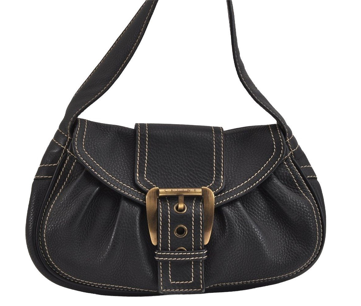 Authentic CELINE Vintage Shoulder Hand Bag Purse Leather Black 3098J