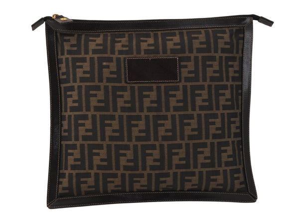 Authentic FENDI Zucca Clutch Hand Bag Purse Nylon Leather Brown Black 3098K