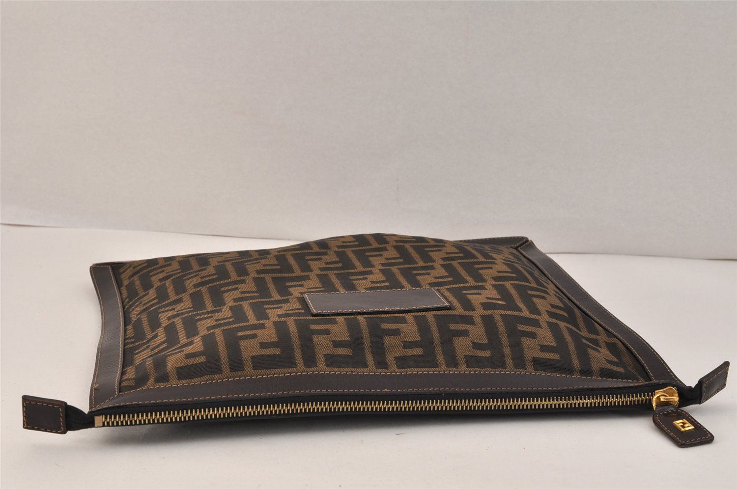 Authentic FENDI Zucca Clutch Hand Bag Purse Nylon Leather Brown Black 3098K