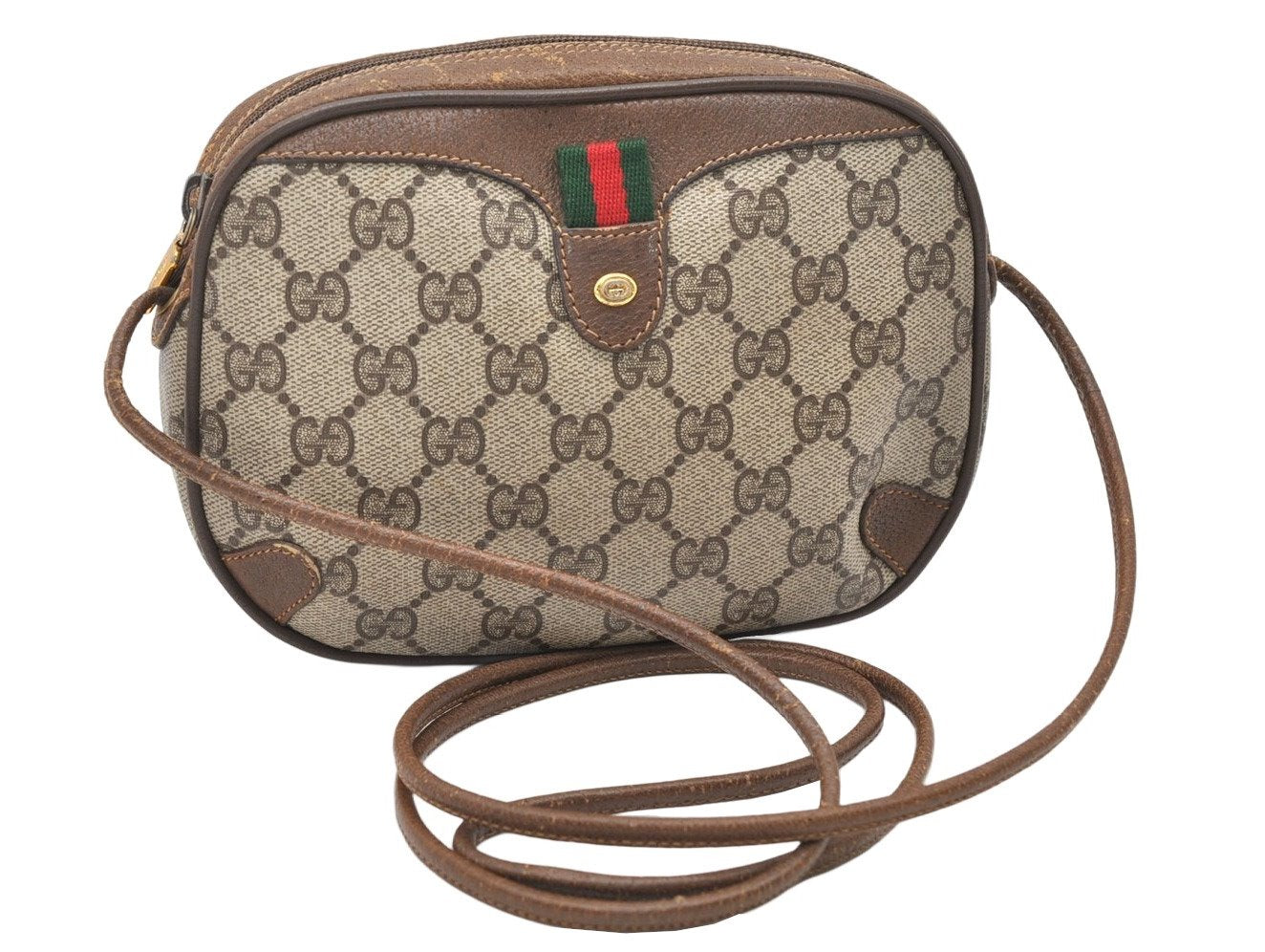 Authentic GUCCI Web Sherry Line Shoulder Cross Bag GG PVC Leather Brown 3100K