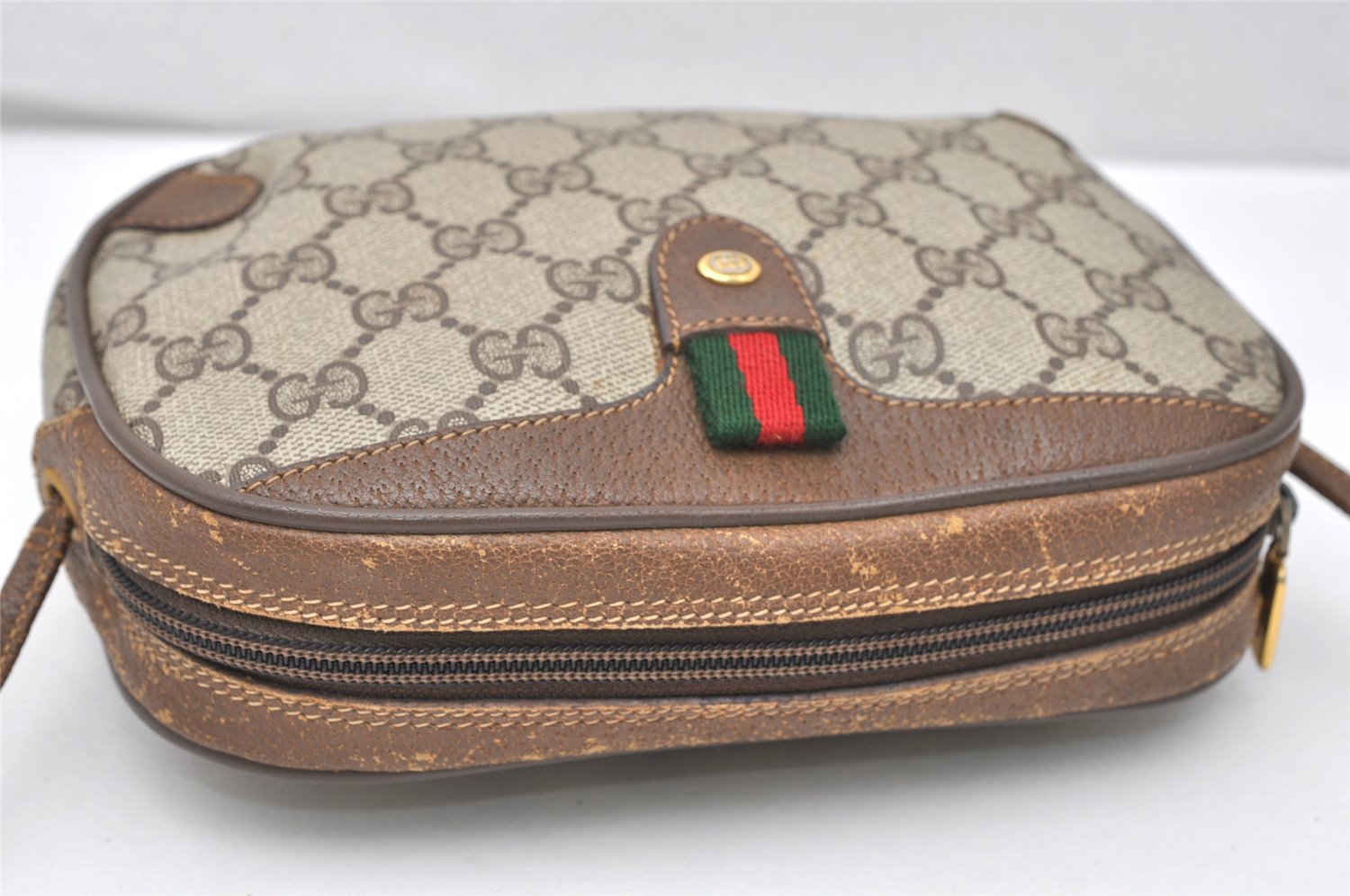 Authentic GUCCI Web Sherry Line Shoulder Cross Bag GG PVC Leather Brown 3100K