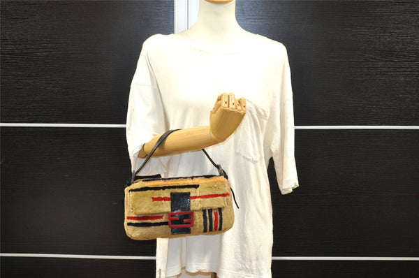 Authentic FENDI Mamma Baguette Shoulder Hand Bag Fur Leather Beige 3102I