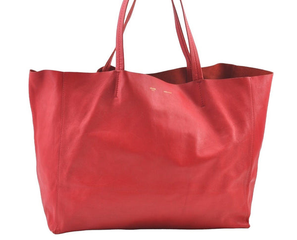 Authentic CELINE Horizontal Cabas Vintage Shoulder Tote Bag Leather Red 3111I