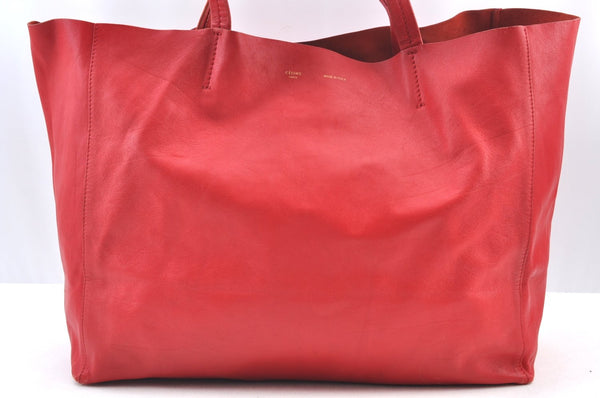 Authentic CELINE Horizontal Cabas Vintage Shoulder Tote Bag Leather Red 3111I