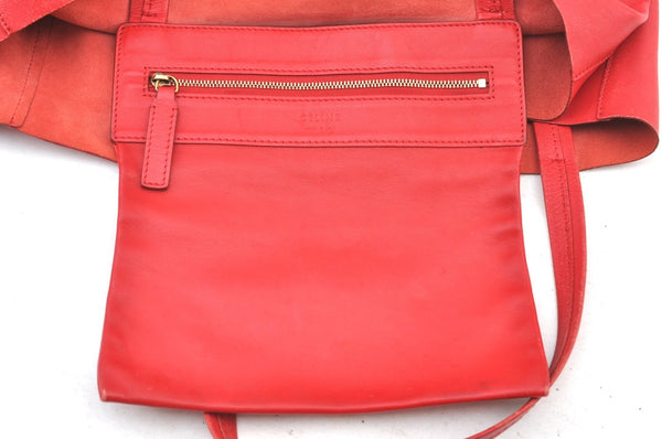 Authentic CELINE Horizontal Cabas Vintage Shoulder Tote Bag Leather Red 3111I