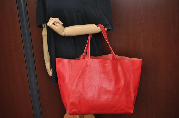 Authentic CELINE Horizontal Cabas Vintage Shoulder Tote Bag Leather Red 3111I