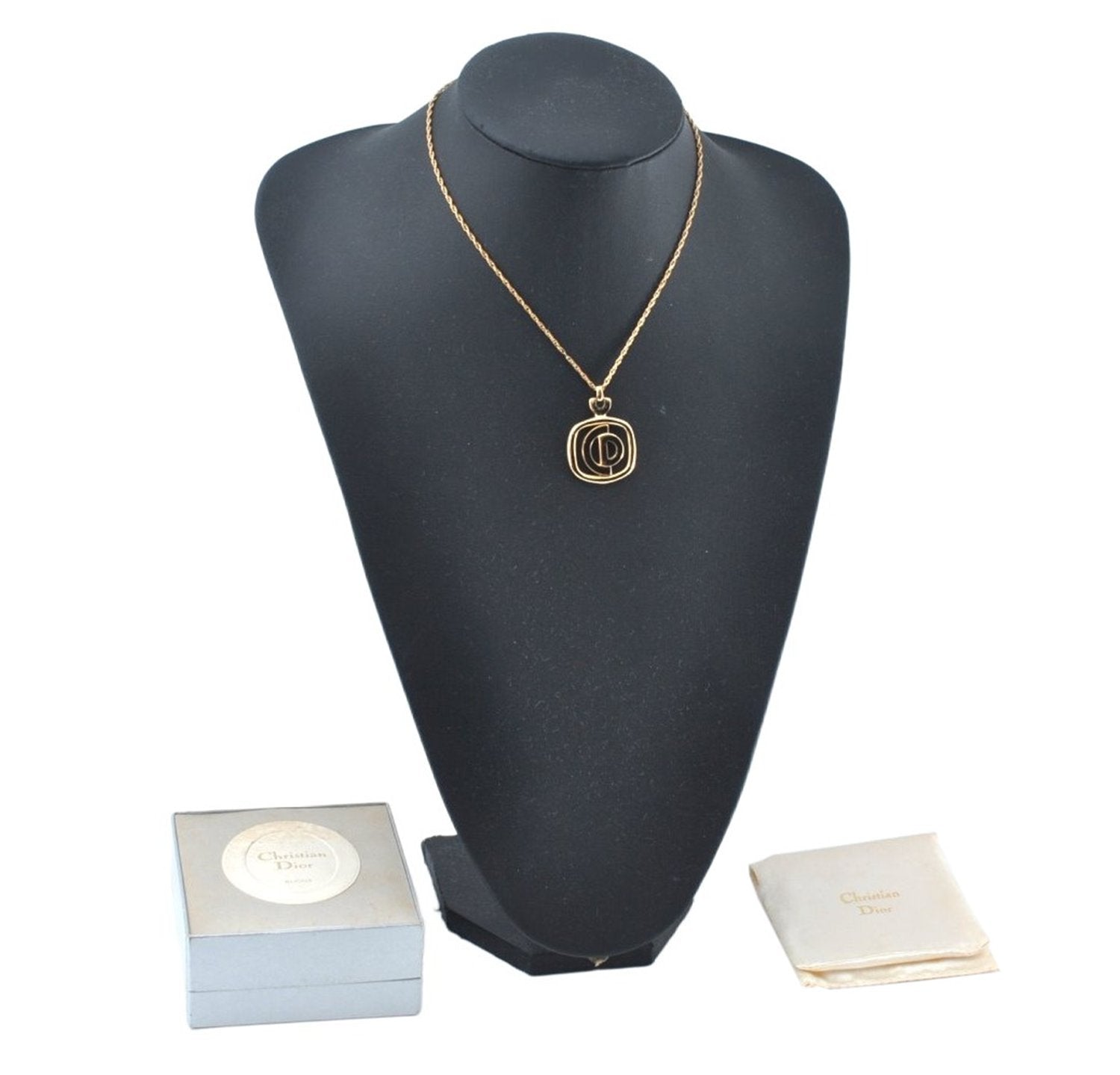 Authentic Christian Dior Gold Tone Chain Pendant Necklace CD Box 3121M
