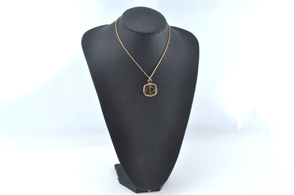 Authentic Christian Dior Gold Tone Chain Pendant Necklace CD Box 3121M