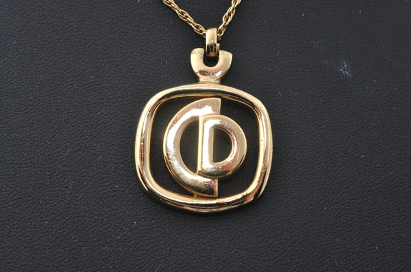 Authentic Christian Dior Gold Tone Chain Pendant Necklace CD Box 3121M