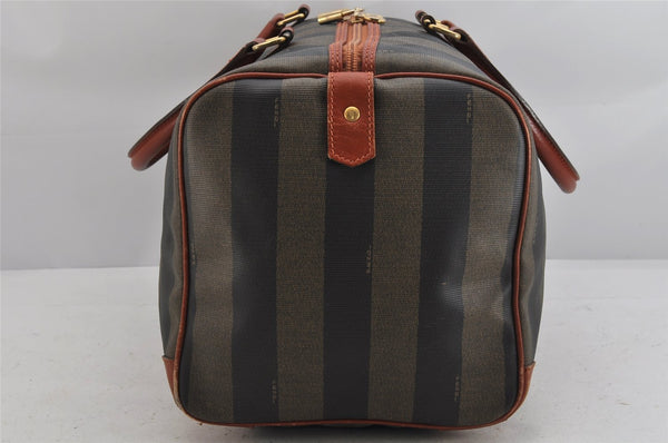 Authentic FENDI Pequin Pattern PVC Leather Boston Hand Bag Brown Black 3126K