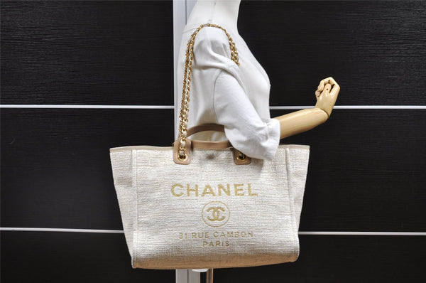 Authentic CHANEL Deauville Line CC Logo 2Way Shoulder Tote Bag Tweed Beige 3127I
