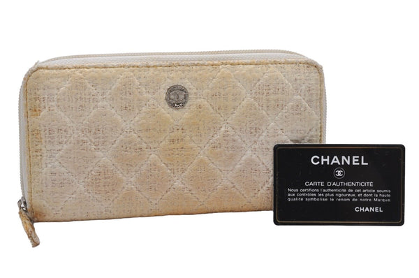 Authentic CHANEL PVC Tweed Design Matelasse Wallet Purse CC Logo White 3132J