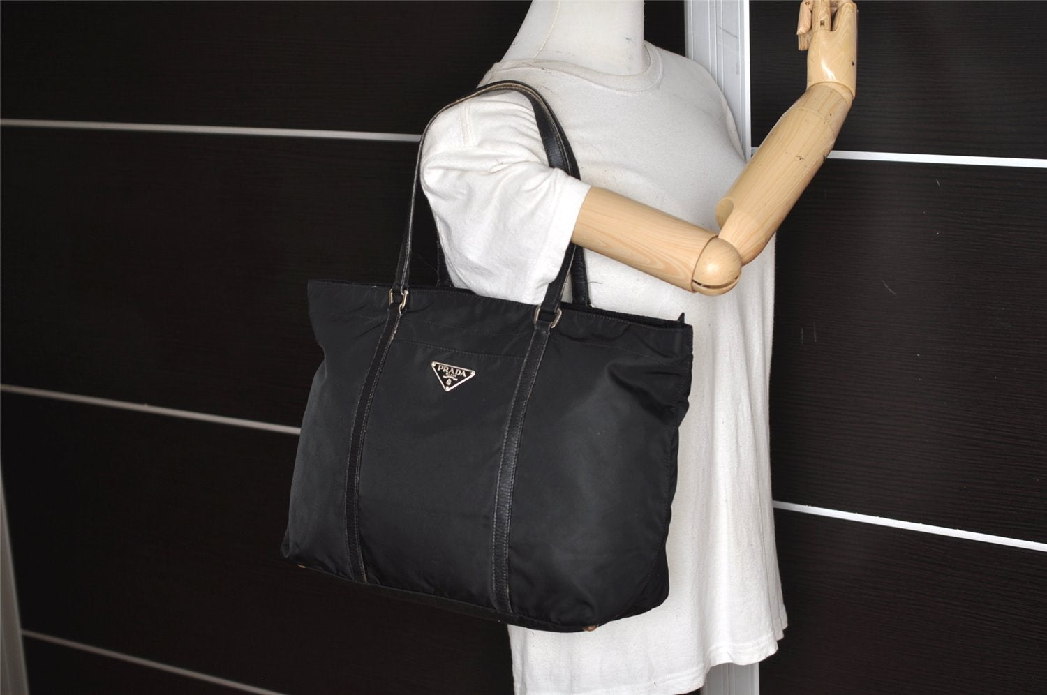 Authentic PRADA Vintage Nylon Tessuto Leather Tote Shoulder Bag Black 3134K