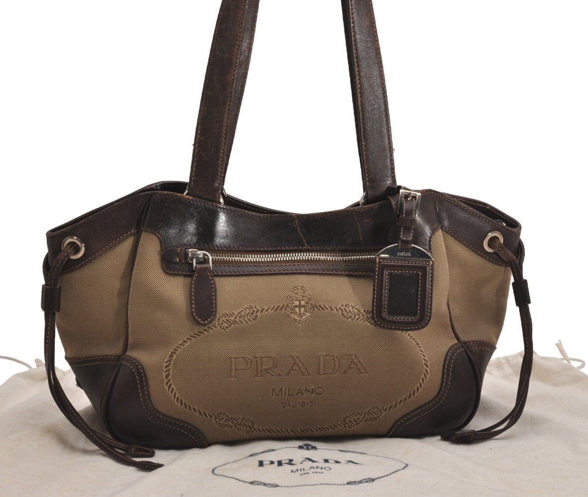 Authentic PRADA Canvas Leather Shoulder Hand Bag Purse Brown 3138J