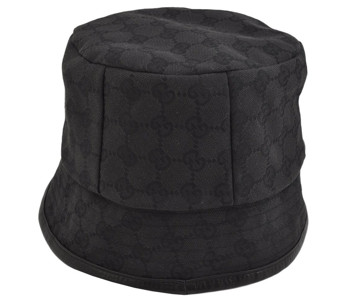 Authentic GUCCI Vintage Bucket Hat GG Canvas Leather Black 3138K