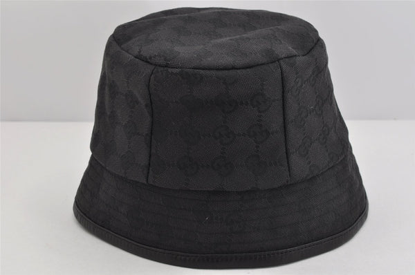 Authentic GUCCI Vintage Bucket Hat GG Canvas Leather Black 3138K