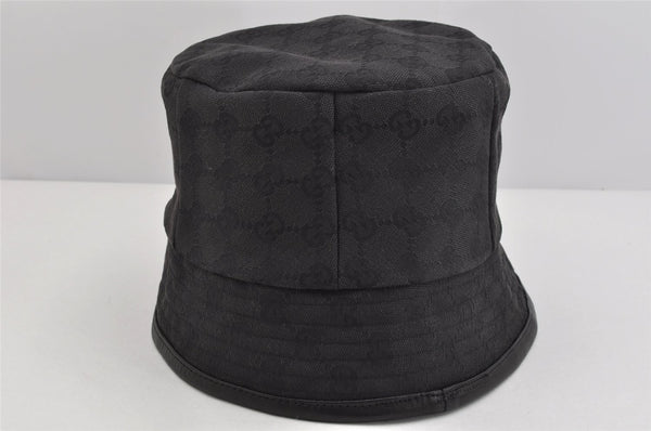 Authentic GUCCI Vintage Bucket Hat GG Canvas Leather Black 3138K