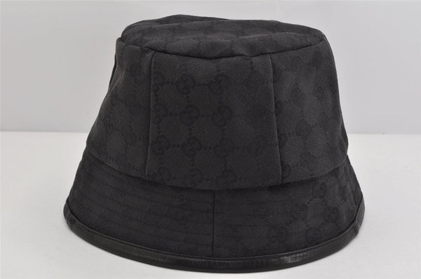 Authentic GUCCI Vintage Bucket Hat GG Canvas Leather Black 3138K