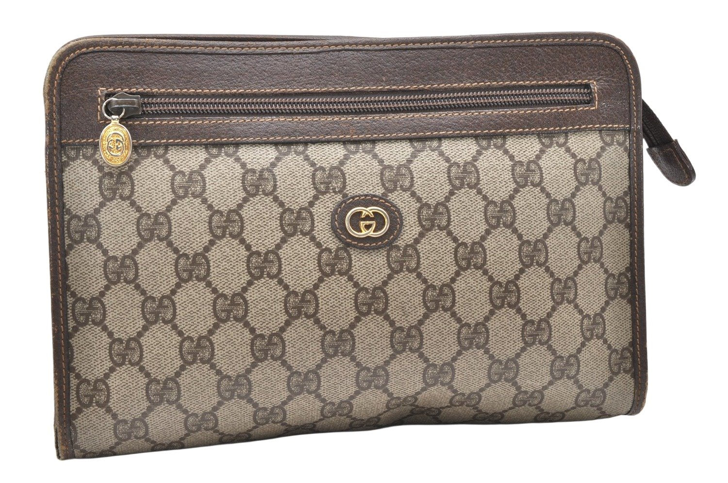 Authentic GUCCI Vintage Clutch Hand Bag Purse GG PVC Leather Brown 3140K